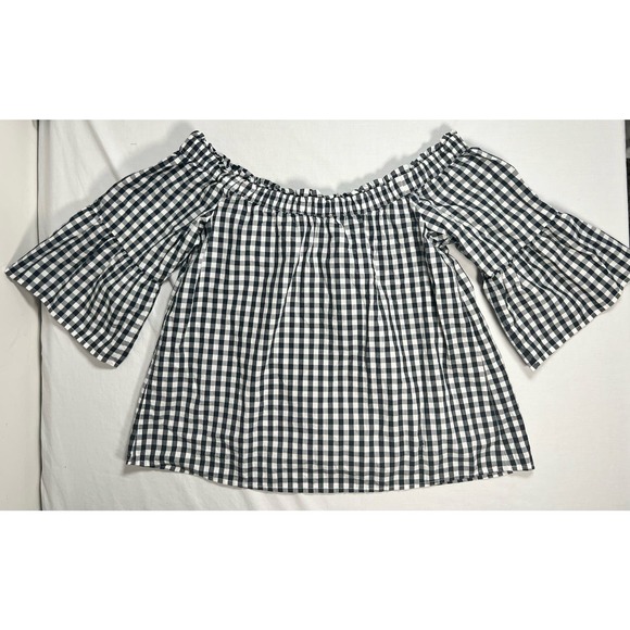 Abercrombie and Fitch Off the Shoulder Shirt Black White Gingham MEDIUM‎ - Picture 6 of 10